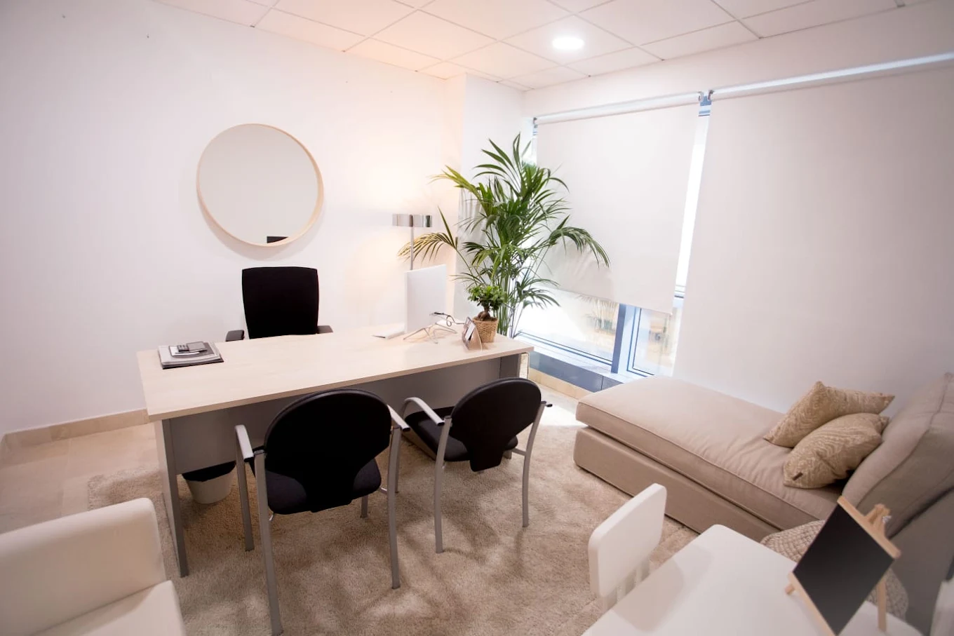Interior de la consulta de Carmen: espacio luminoso con escritorio, sillones y sofá